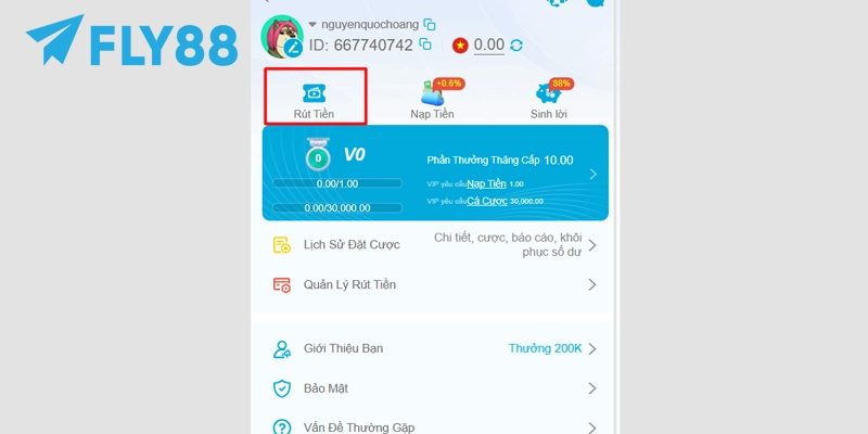 Chọn mục rút tiền trên trang cá nhân FLY88