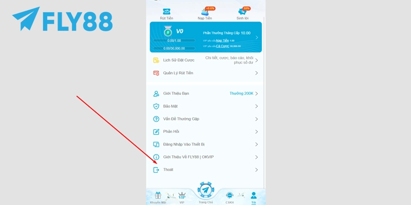 Vào trang cá nhận FLY88 và bấm thoát